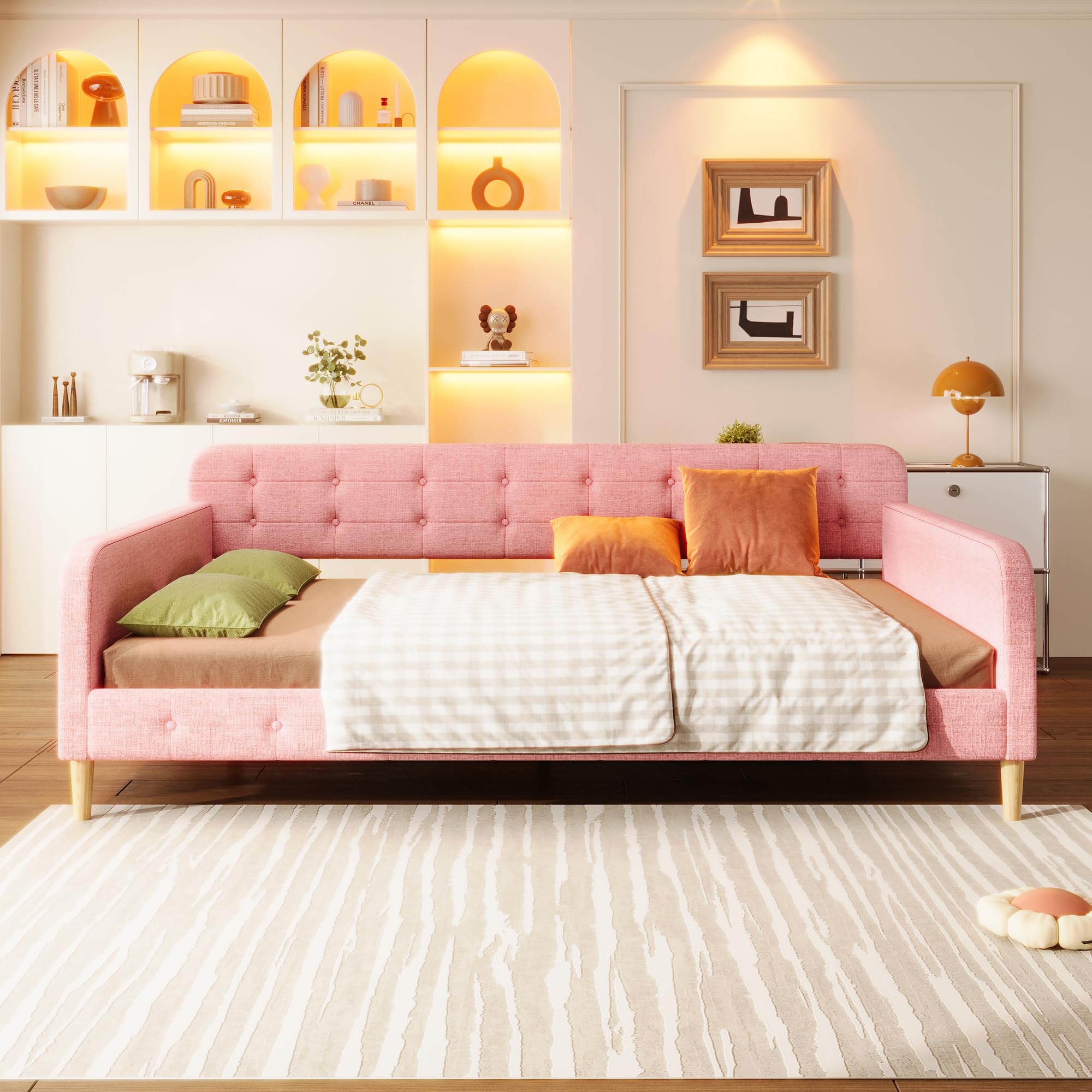Floor Bed Frame Full Daybed RuiSiSi Queen Size Upholstered Daybed, Queen  Corner Bed With L Shaped Headboard, Velvet Day Bed For Living Room Guest  Room, Reversible Left Or Right, Pink Corner Bed, image size:2000x2000