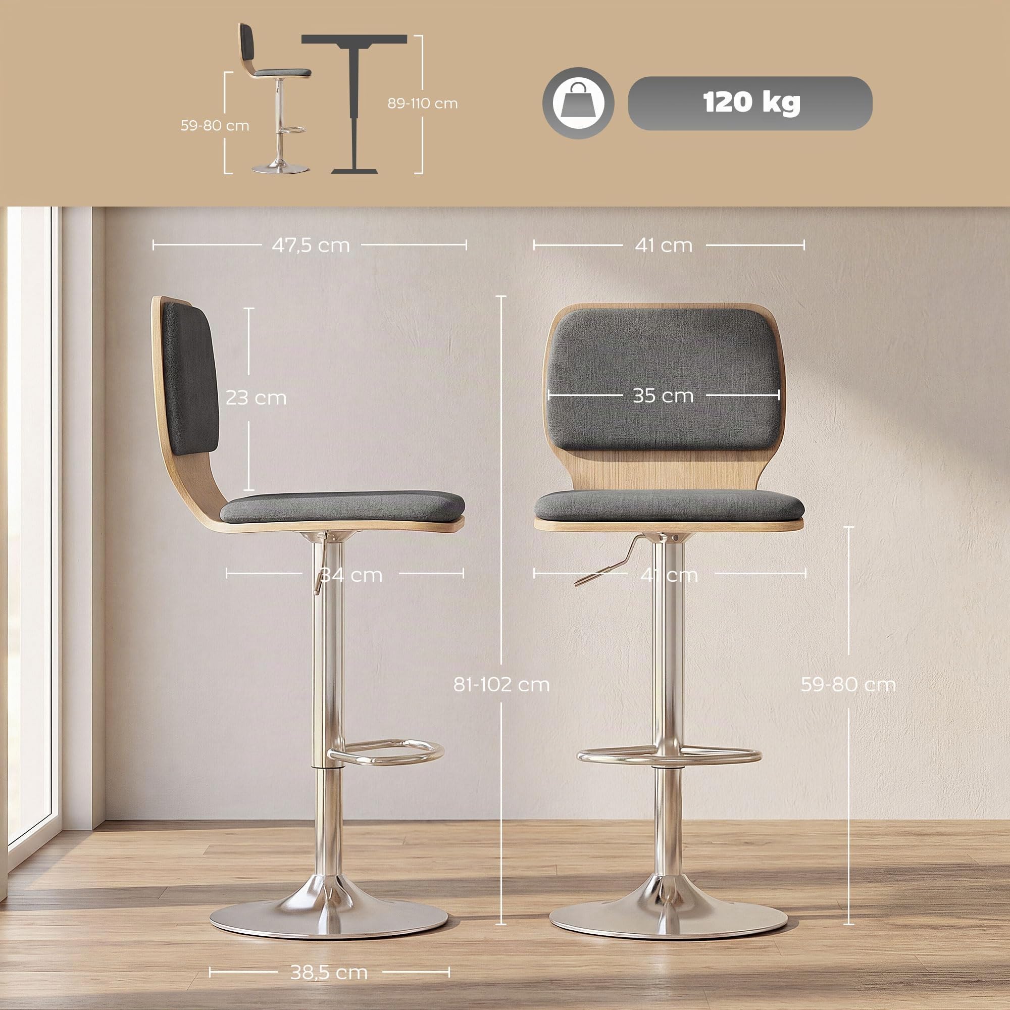 HOMCOM Lot de 2 Tabourets de Bar Hauteur Réglable 41x47,5x81-102cm Gris