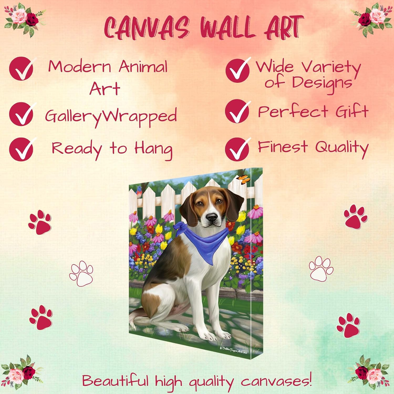 Doggie of the Day Spring Floral with American English Foxhound Dogs Canvas Wall Art - Premium Quality Ready to Hang Room Decor - Flat Rolled 8" x 10"