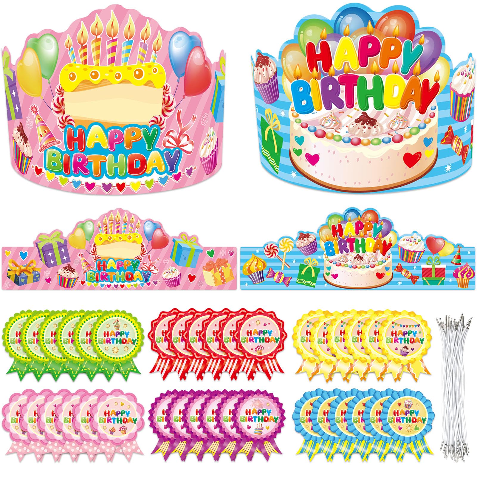 WorldBazaar Birthday Crowns for Kids Classroom 36 Pack Happy Birthday Hats with Badge Stickers Teacher Classroom School Family VBS Party Supplies