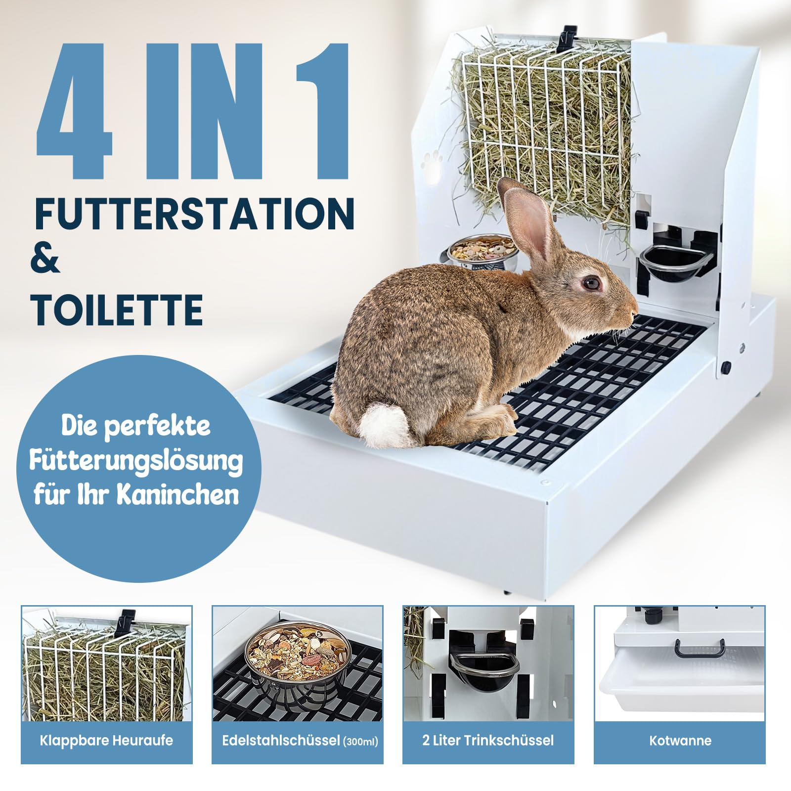 Breker Klappbare Kaninchen Toilette & Futterstation [inkl. 5L HEURAUFE, 2L TRINKFLASCHE, FUTTERNAPF] - mit rutschfesten Gummifüßen, Kotwanne & Bodenrost | 41 x 48 x 55 cm