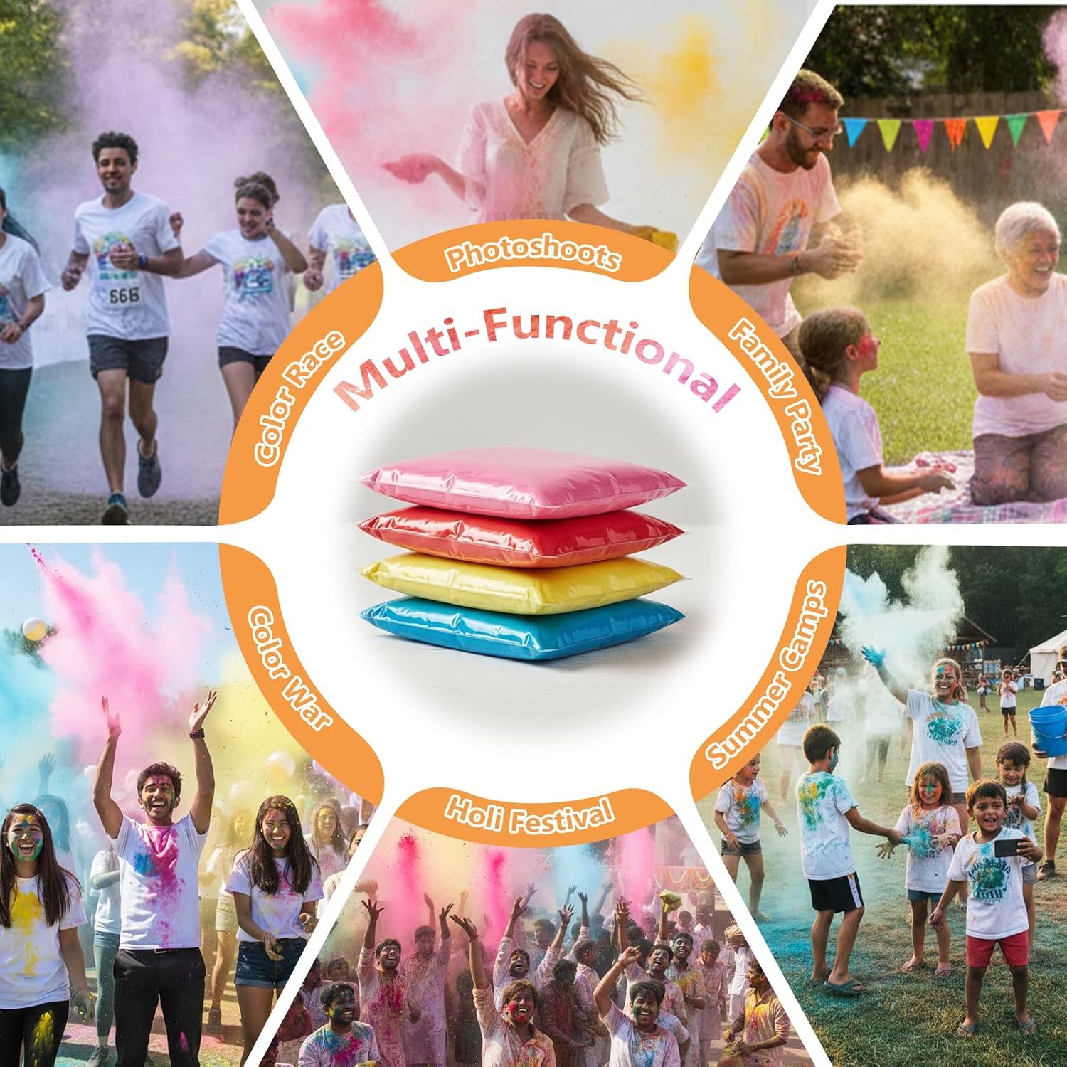 Holi Powder, 10 Packs of 100 Grams Washable Color Powder for Color Run, Rangoli, Photoshoots, Holi Festival & Party Decorations