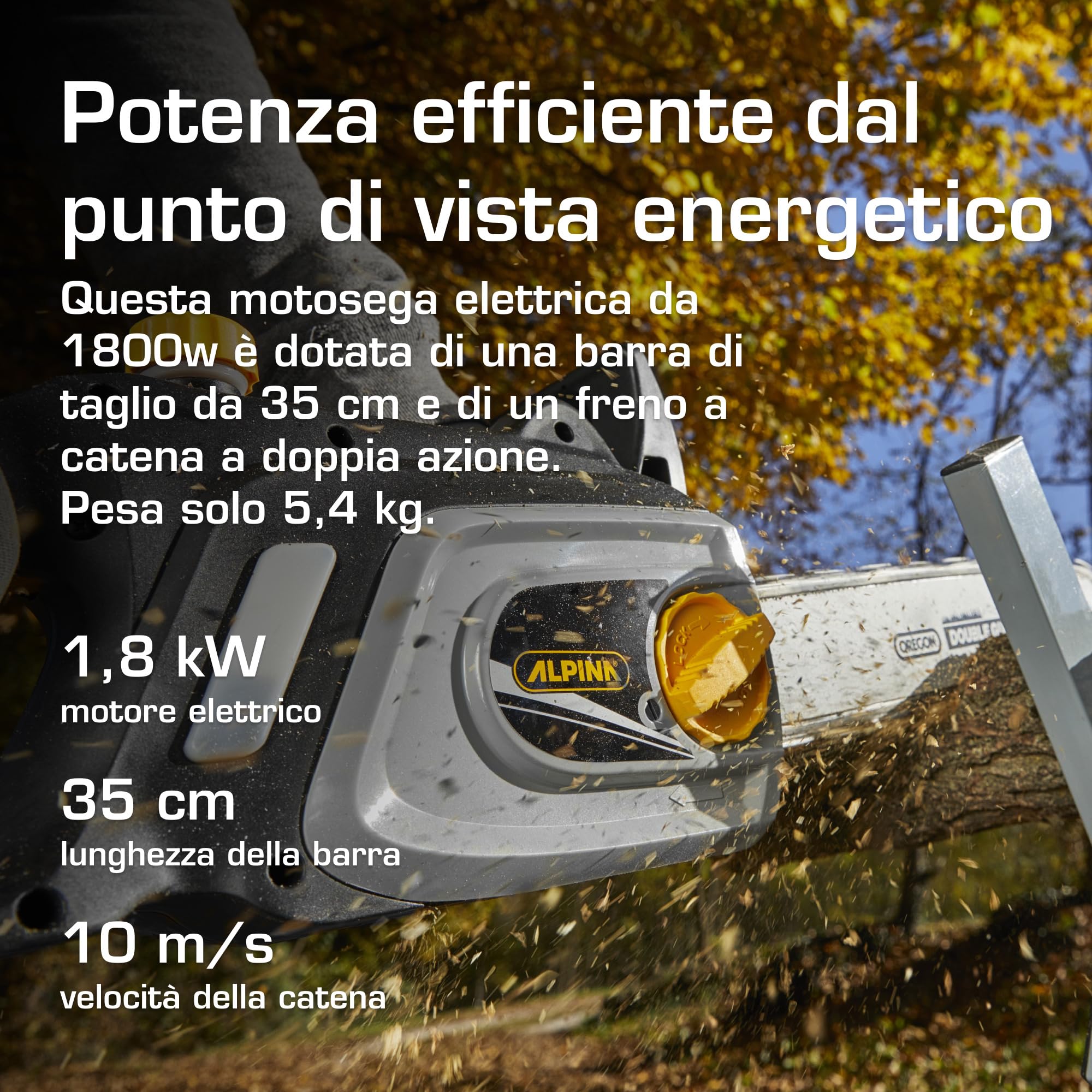 Alpina ACS 180 E Motosega Elettrica, 1800 W, 35 cm – Tendicatena Laterale A Rotella, Freno Catena Manuale E Inerziale – Per Tagli Domestici