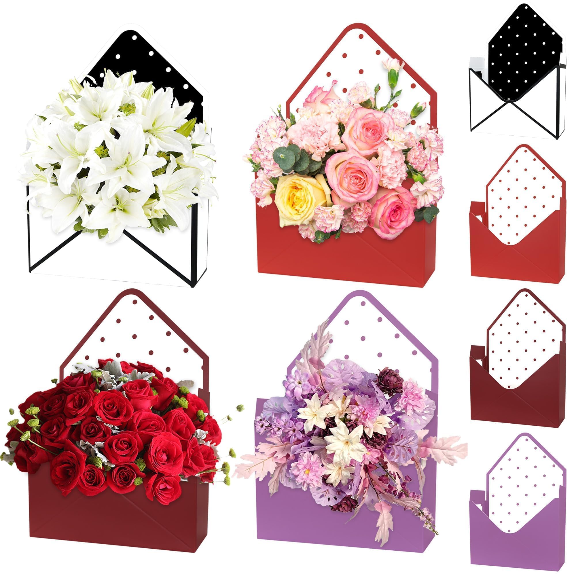 4 Pieces Florist Bouquet Envelope Box,Folding Flower Polka Dot Paper Box Floral Wrapping Storage Gift Packaging Box for Mother's Day Wedding Engagement Birthday Graduation Valentine Party
