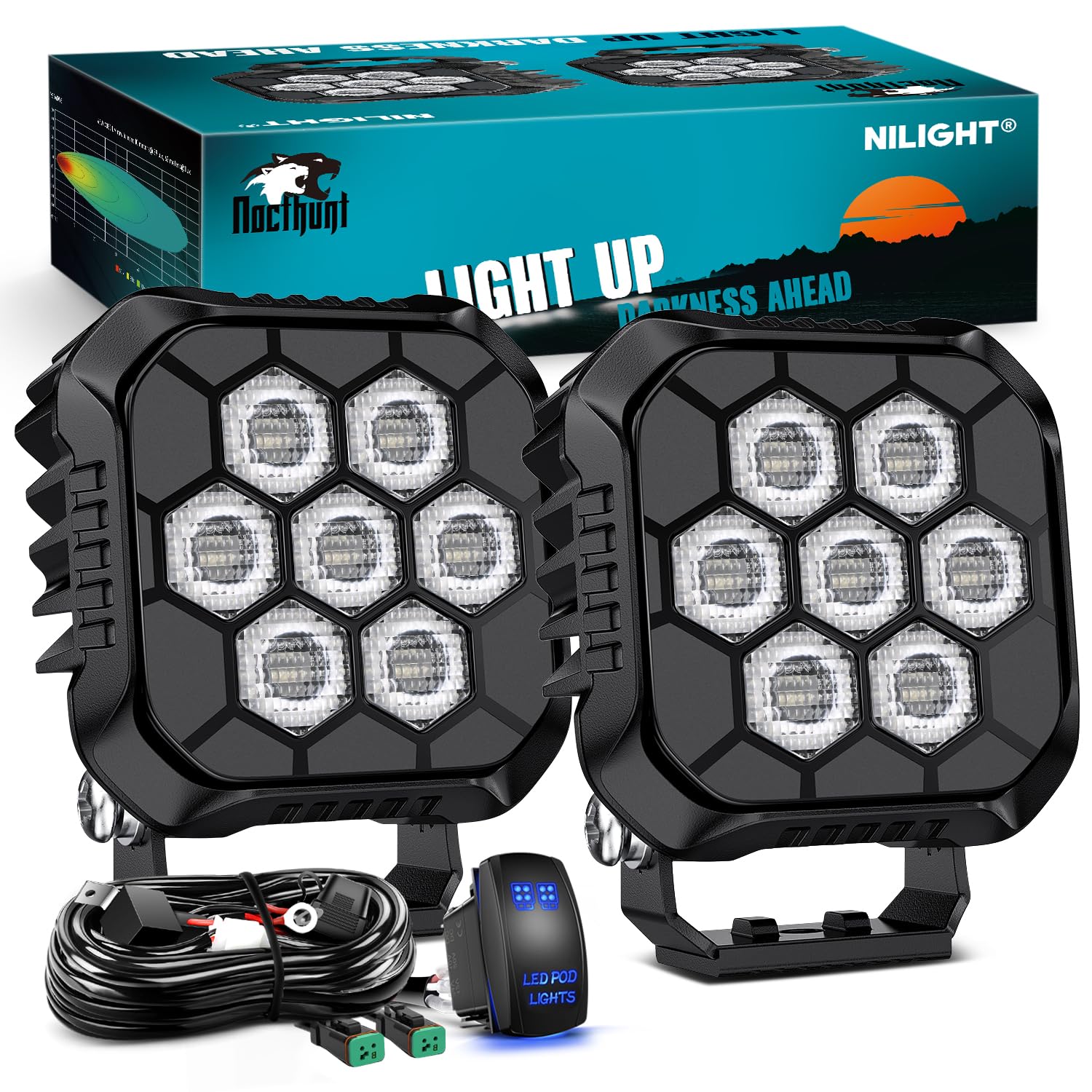 Nilight Black Led Pod Light 2Pcs 3.8 Inch 45 W Square Driving Lights 9 Led Hyper Flood Beam Offroad Light Work Light W/16 Awg Rocker Switch Wiring Harness Kit For Truck Motorbike Boat Atv Utv