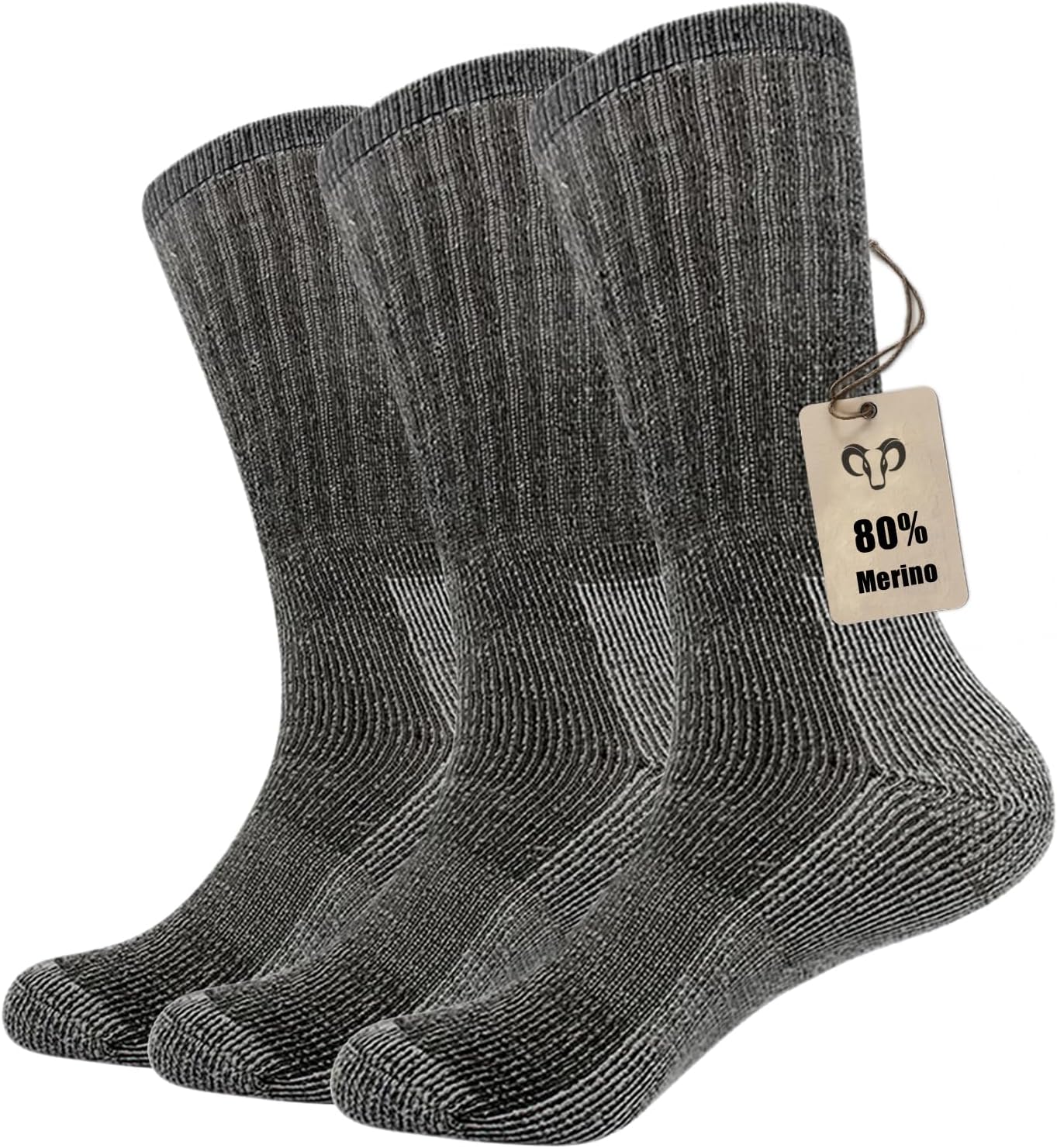 Vihir 3 Pack Men's Thermal 80% Merino Wool Hiking Calf Tube Socks Crew Sock for Skiing, Trekking, Hiking 5.5-8/7.5-10.5