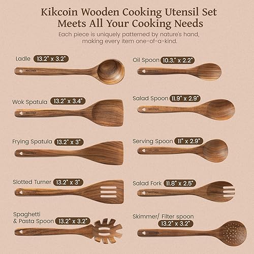 Miniatura 7 de Kikcoin Juego de Utensilios de Cocina de Madera, 10 PCS Cucharas de Madera Maciza de Teca para Cocinar con Mango Largo Resistentes al Calor Juego