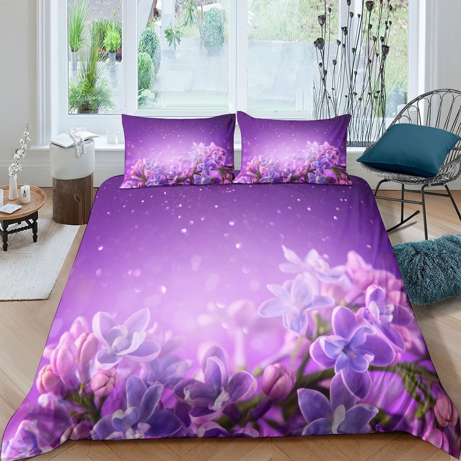 GPLZQXKJNH 3D Printed Purple Floral Duvet Cover Microfiber Soft Breathable Lavender Blossom Bedding Set with 2 Pillowcases for Bedroom Decor Single（135x200cm）