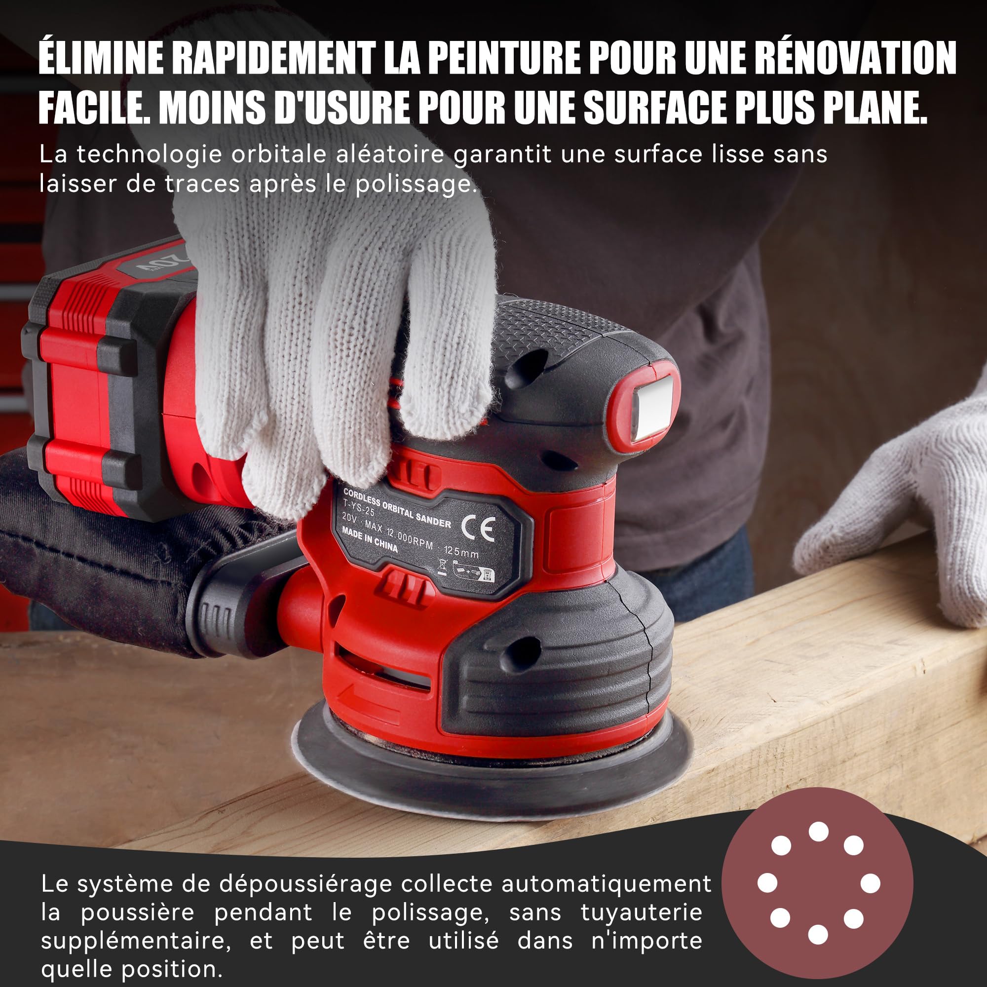 TEENO Ponceuse Orbitale Sans Fil 20V - Ponceuse Excentrique 125mm 6000-12000 tr/min, Kit Complet avec 25 Papiers de Verre, Batterie 4.0Ah et Système d'Aspiration