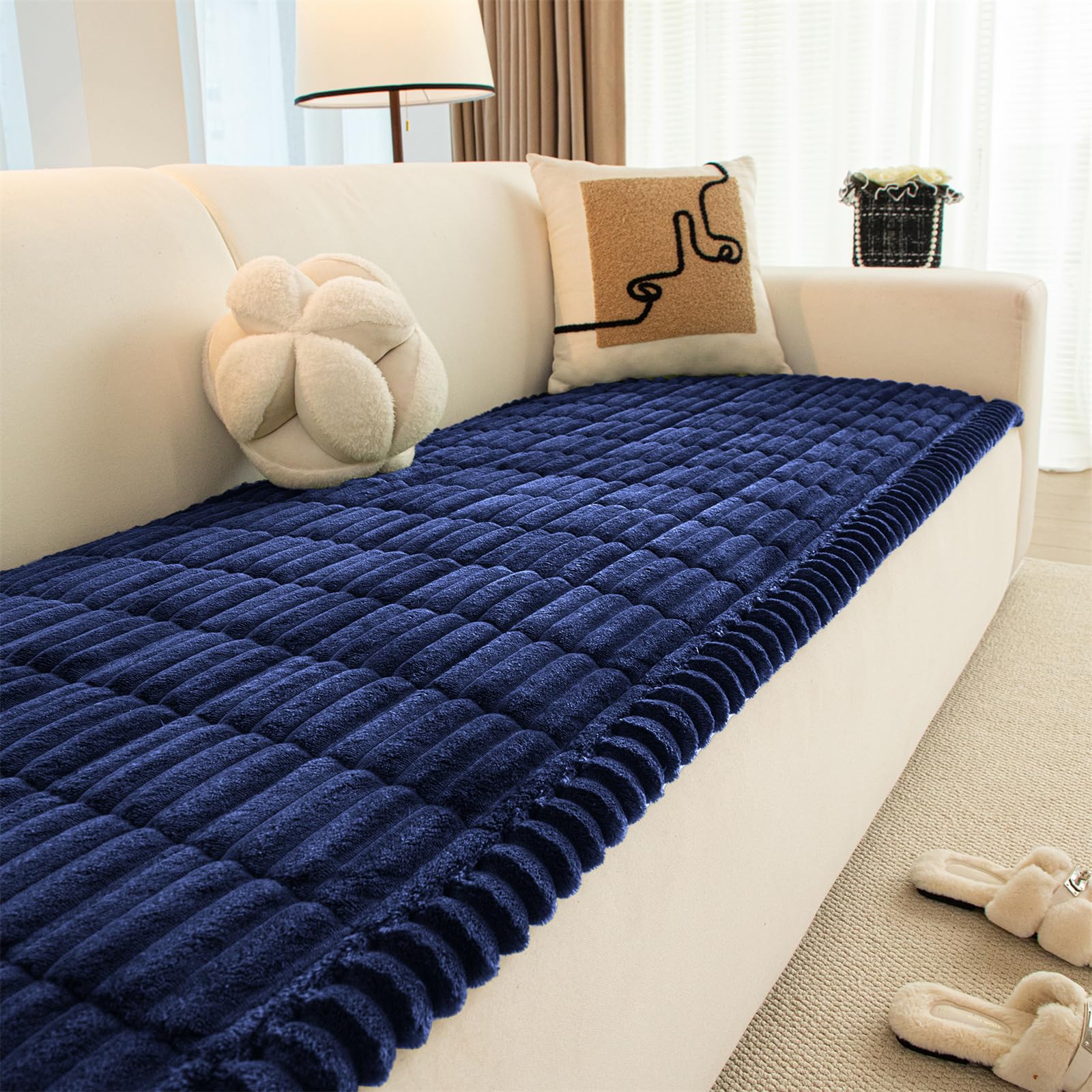 LINGKY Dark Blue Cushion Covers 45x45 cm, Corduroy Decorative Fluffy Throw Pillow Cases, Cushion Cover 18x18 inches with Zipper for Sofa Bed Livingroom Bedroom, Pack of 1 — image 1