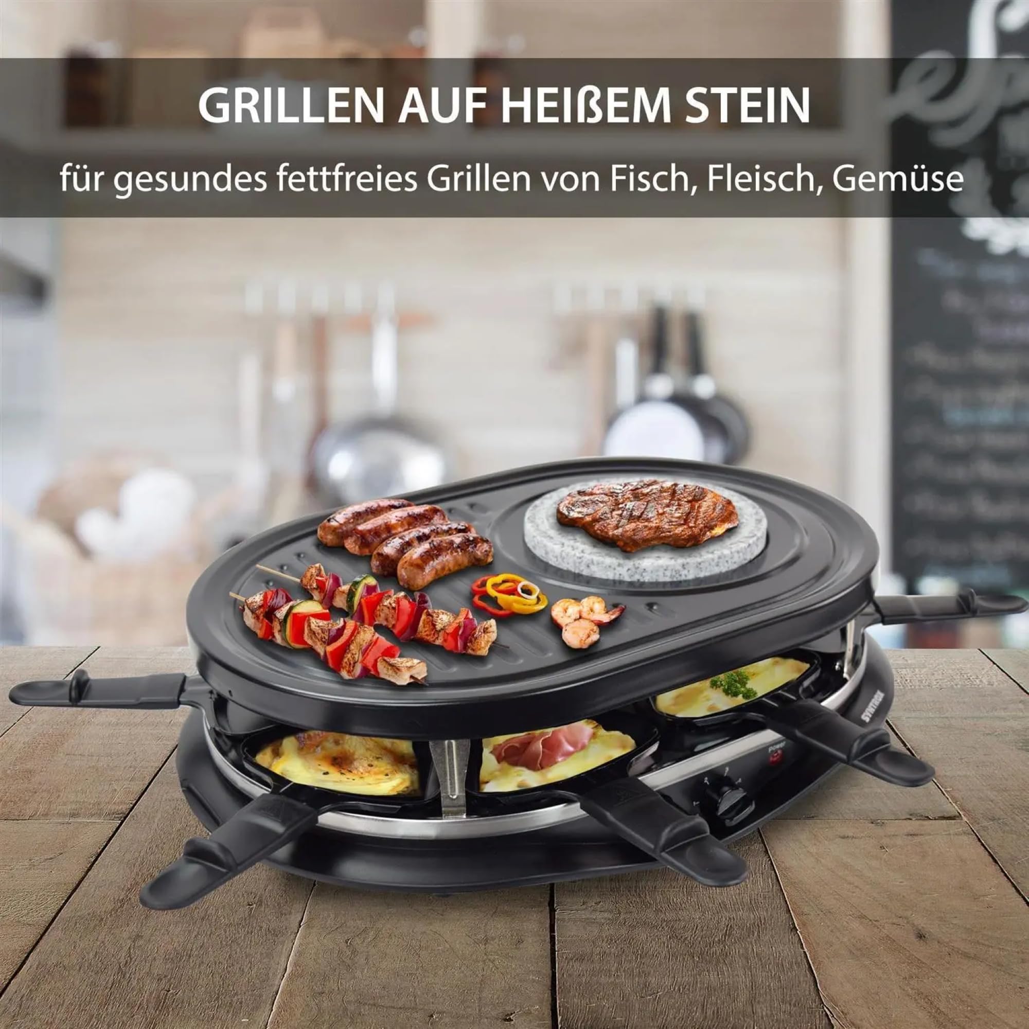 Syntrox Germany Raclette-Grill Locarno mit Fondue & Heißem Stein, 4-in-1 Raclette Set, Gesellige Abende, Kulinarische Vielfalt, Antihaftbeschichtung, Leichte Reinigung