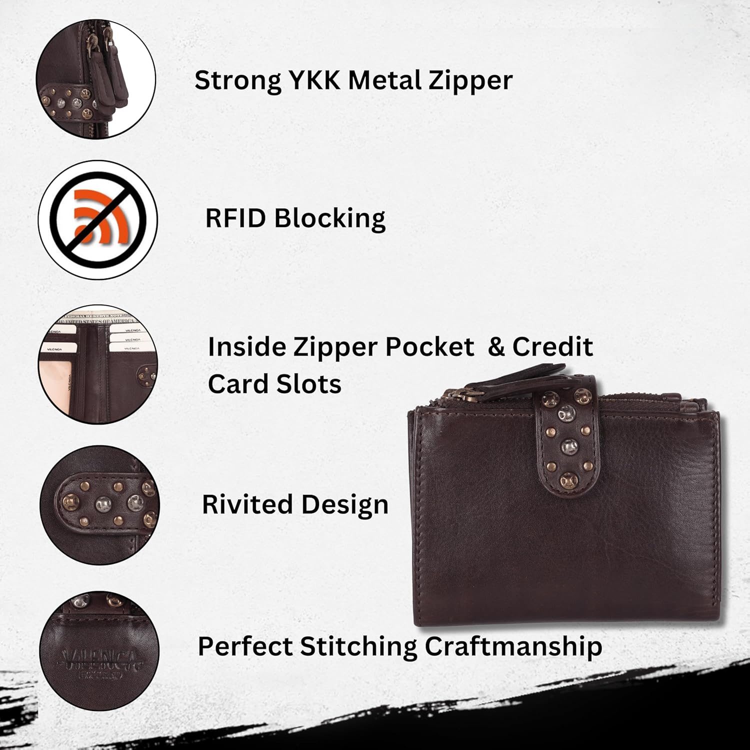 4.75 Inch Genuine Italian Leather Boho Studded Bifold Wallet – Zipper Coin Purse & Credit Card Holder for Women (Brown) - Image 2