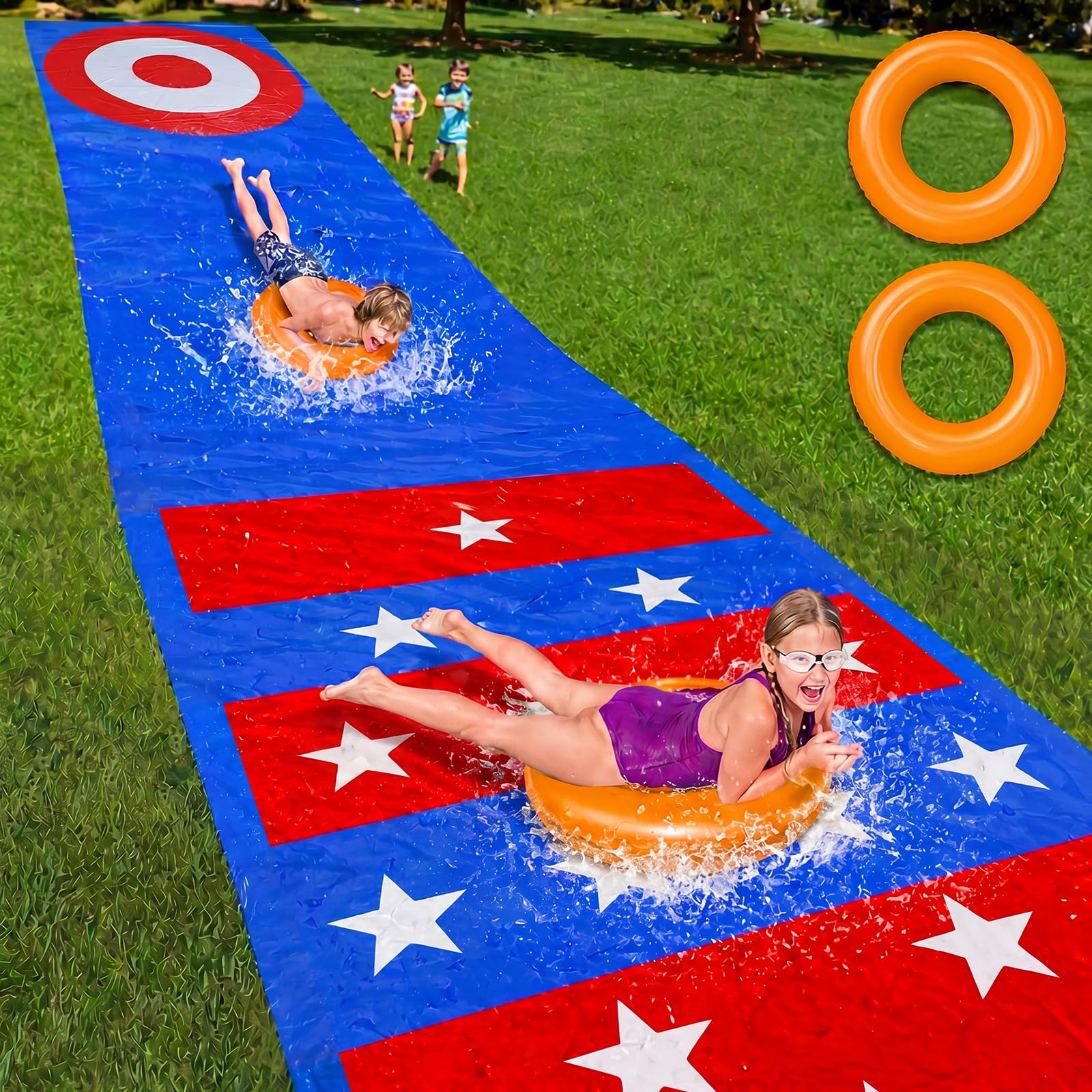 Hungdao Tobogán acuático extra largo de 33 x 5 pies, juguete para lanzar toboganes acuáticos con 2 bodyboard, tobogán acuático resistente para niños y adultos, tapete de verano al aire libre para