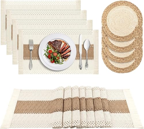 ADRIMER Juego de 4 manteles individuales bohemios con camino de mesa, 9 piezas, 4 manteles individuales redondos tejidos, 4 manteles rectangulares