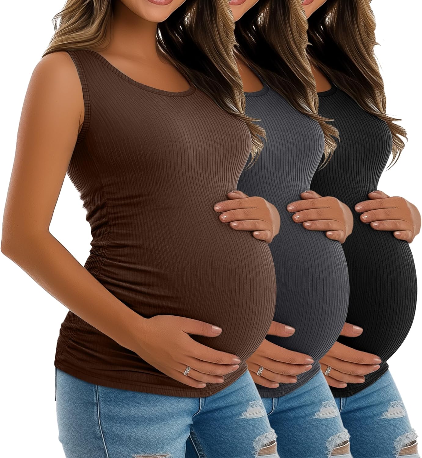 Riyiper 3 Pack Women's Maternity Tank Tops, Sleeveless Cotton Pregnancy Shirts Ribbed Knit Sides Ruched Basic Mama Clothes