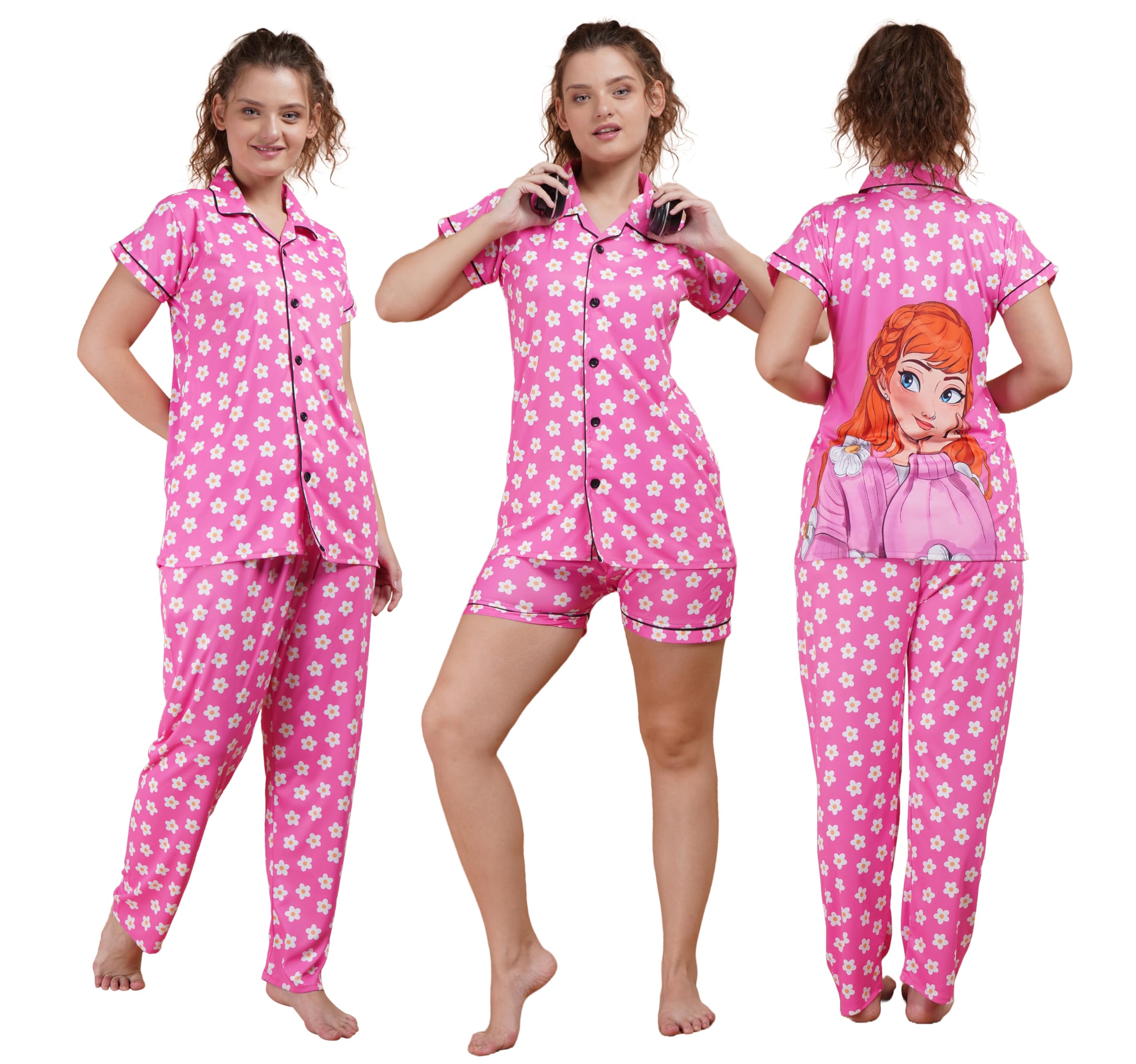 Printed UltraSoft Night Suit for Women - Digital Print Satin Shirt Top and Pyjama Set with Shorts for Honeymmon Casual Wedding Valentine Party Festive Regular Wear-image-41