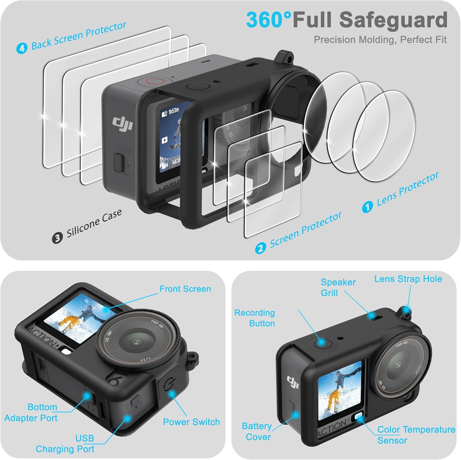 FiTSTILL Silicone Rubber Case+3Pack Tempered Glass Protector Compatible for DJI Osmo Action 6,Rubber Case&Lens Caps&Screen Protectors&Lanyardfor Protective Full Cover Shell Action6 Accessories Kit