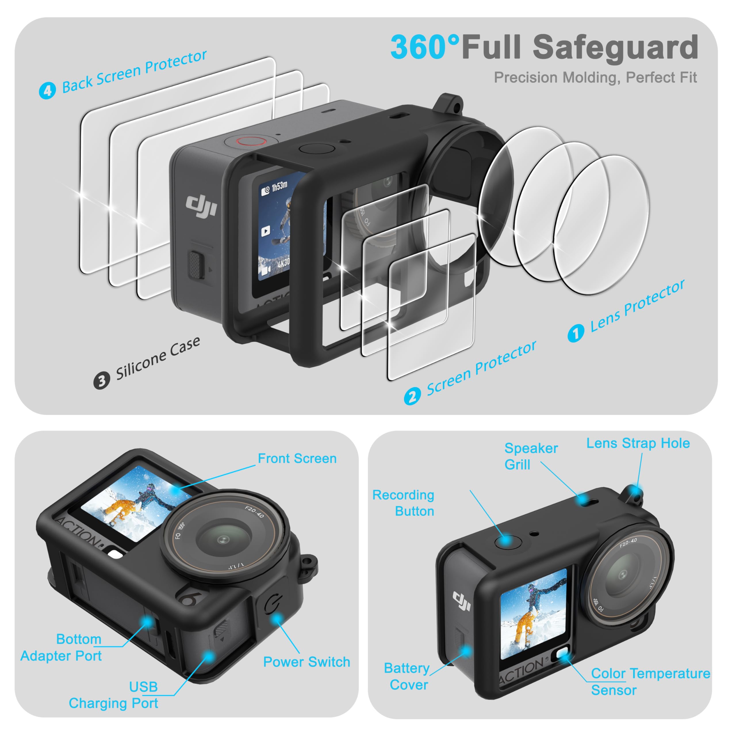 Étui en caoutchouc silicone + 3 protecteurs d'écran en verre trempé pour DJI Osmo Action 6