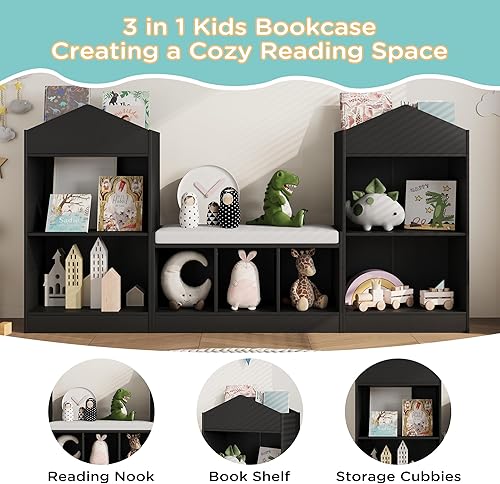 Miniatura 7 de MHOM Estantería infantil de 68.9 pulgadas con rincón de lectura, organizador de juguetes con cojín de asiento y 7 cubos de almacenamiento,