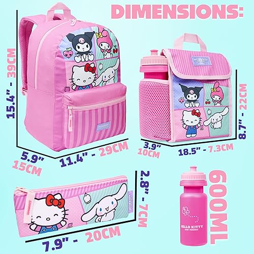 Miniatura 6 de Hello Kitty Sanrio - Juego de mochila para niñas, 4 piezas, botella de agua, bolsa de almuerzo, estuche para lápices, suministros escolares,