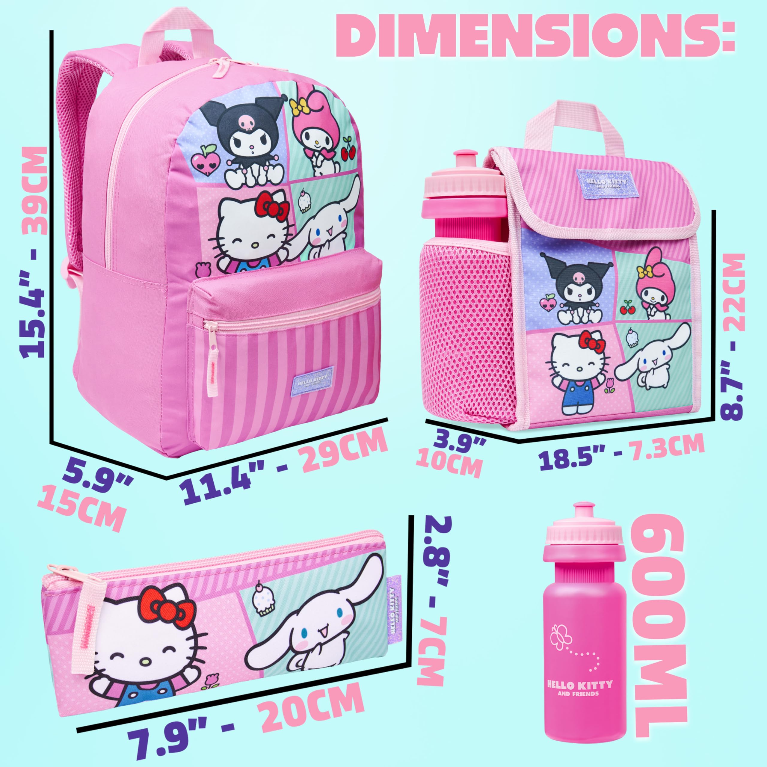 Hello Kitty Sanrio Sac à Dos Fille Kit Scolaire 4 Pièces Trousse Kawaii Sac Isotherme Repas Gourde 600ml Kuromi Cinnamoroll