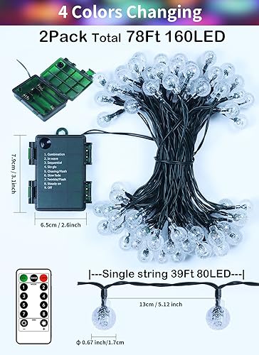 Miniatura 7 de GCMacau Paquete de 2 tiras de luces que funcionan con pilas, 78 pies, 160 luces LED que cambian de color, energía de batería, luces para exteriores,