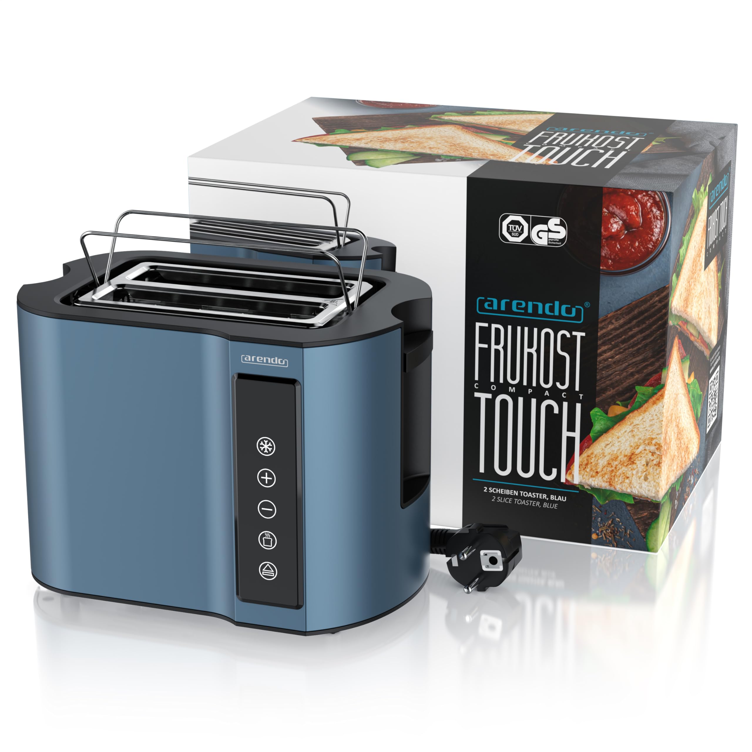 Arendo - Touch Toaster 2 Scheiben Edelstahl - Touchpanel - digital Display Restzeitanzeige - 800 W – Doppelwandgehäuse – mit Brötchenaufsatz – 7 Bräunungsgrade – Brotscheibenzentrierung - Blau