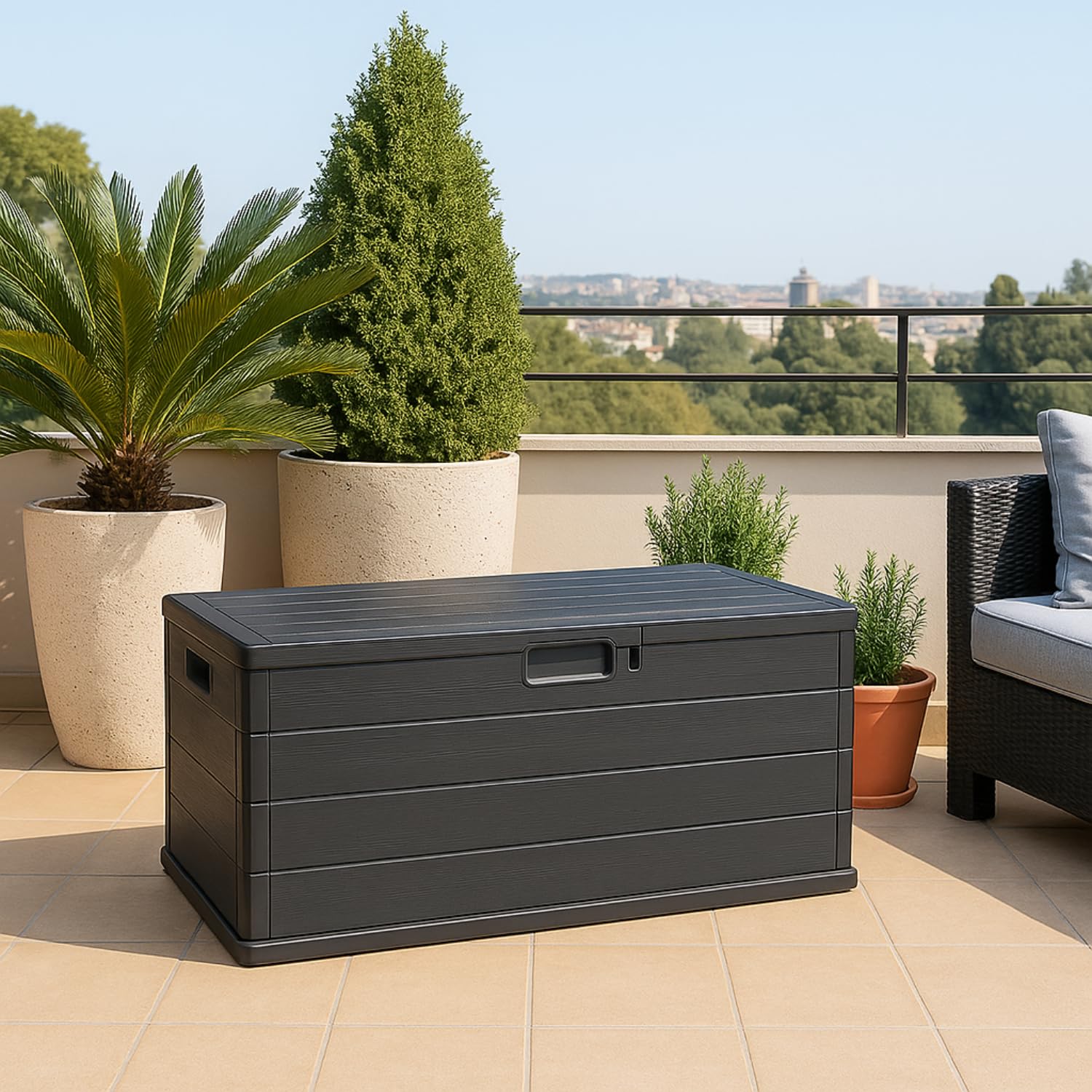 VIRSUS Baule da Giardino con Ruote, misura 118x59x57 cm, Cassapanca Effetto Legno Antracite, Impermeabile, Chiusura Lucchettabile, Contenitore da Esterno, Capacità 340 Litri -ALP001F