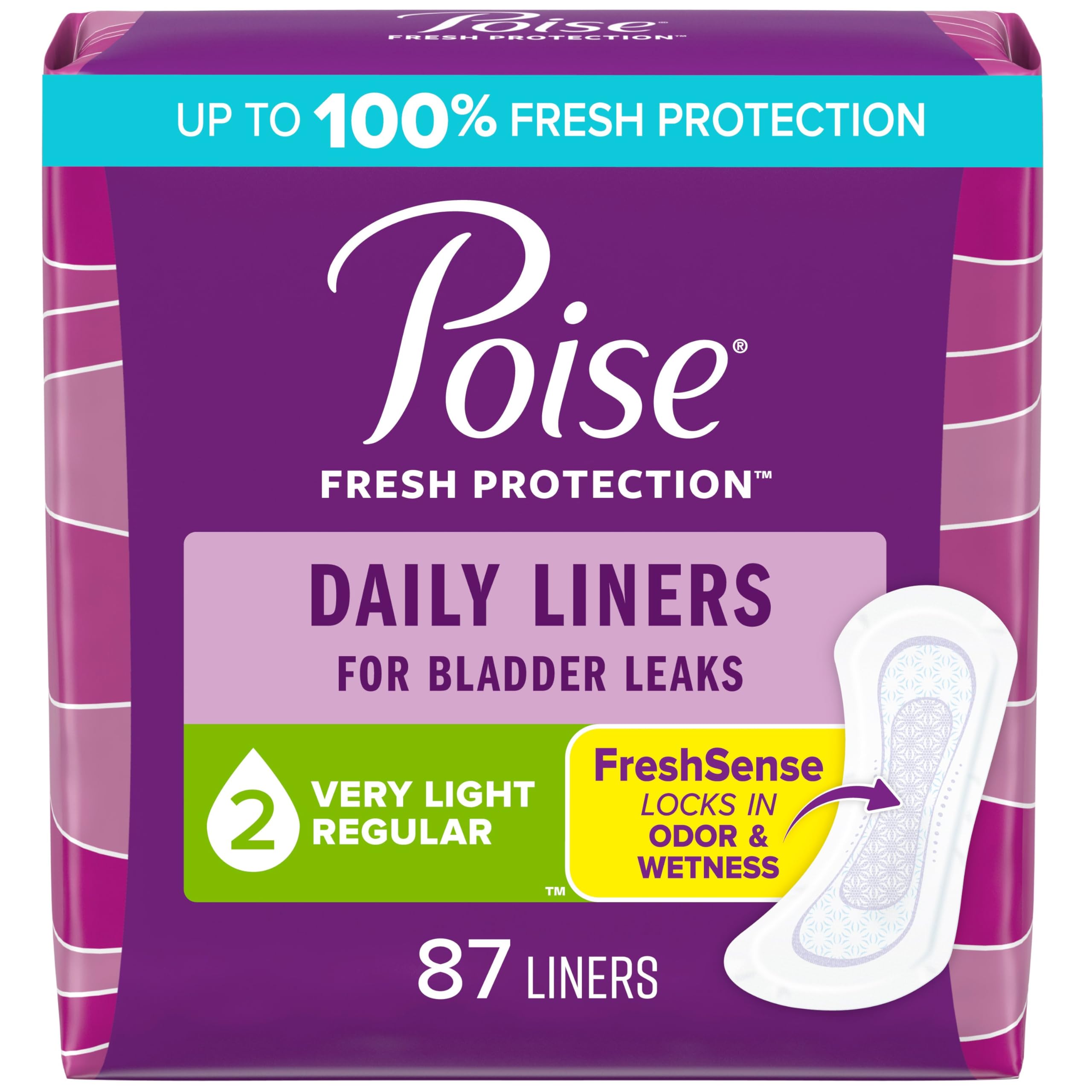 Poise Daily Liners, Incontinence Panty Liners, 2 Drop Very Light Absorbency, Regular Length, 87 Count of Pantiliners