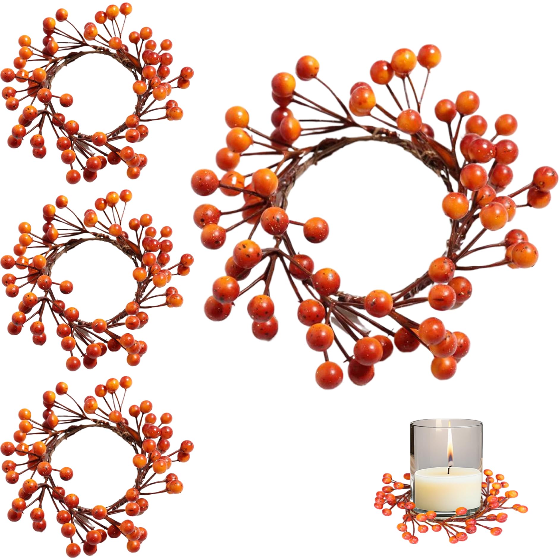 Comebachome 4PCS 7" Fall Candle Rings Wreaths, Artificial Orange Berries Small Wreath Thanksgiving Decor