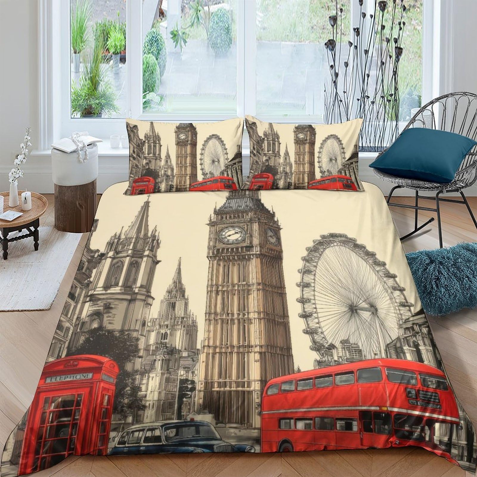GPLZQXKJNH 3D Printed London Cityscape Duvet Cover Microfiber Double Decker Bus Big Ben Bedding Set with 2 Pillowcases for Bedroom Decor Single（135x200cm）