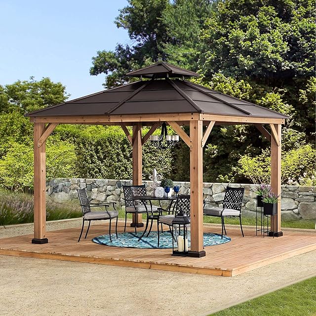 Sunjoy 11' X 11' Cedar Framed Wood Gazebo with Brown Double Steel Hardtop Roof Permanent Canopy for Garden, Backyard Shade, 11 x 11 ft-Chapman