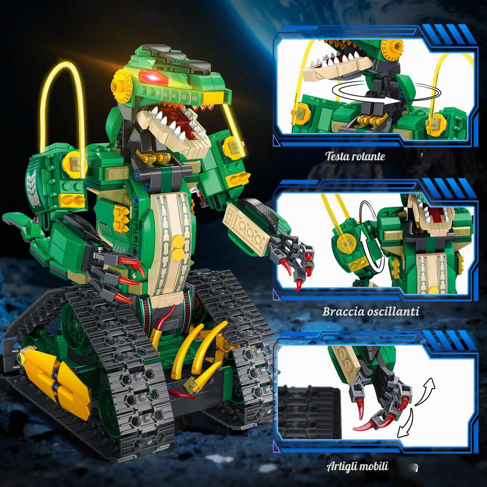 Giocattolo da costruzione RC dinosauro con luce, kit di blocchi da costruzione telecomandato 5 in 1, 877 pezzi giocattoli robot dinosauro ricaricabili per bambini e bambine di età 8, 9, 10, 11, 12+
