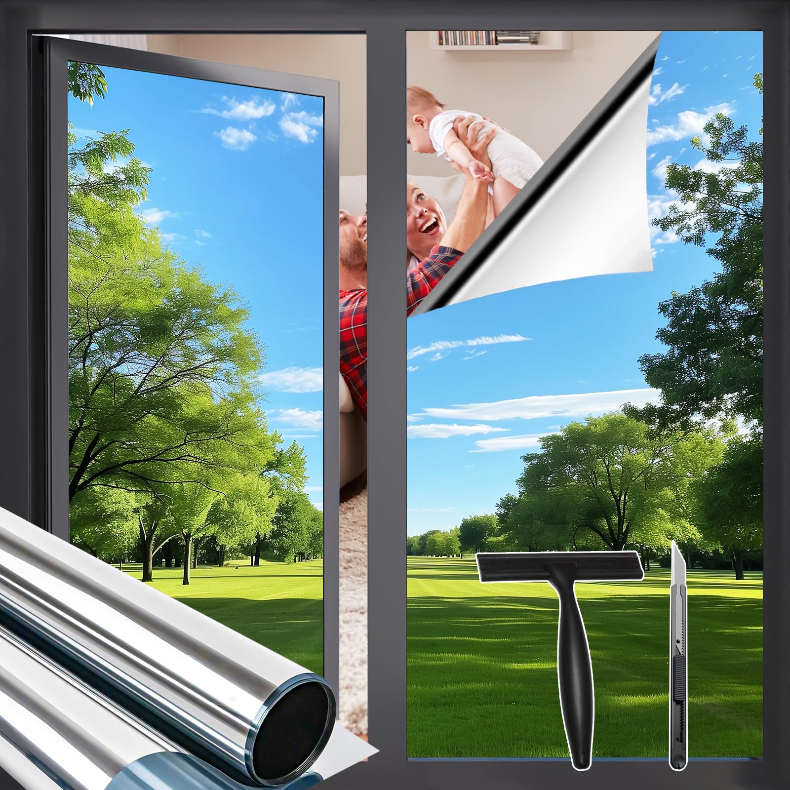 Zindoo Spiegelfolie Fensterfolie Fenster UV-Schutz Tageszeit Sichtschutzfolie Selbstklebend Silber Thermofolie, Rückstandslose Sonnenschutz Folie 105 x 400 cm