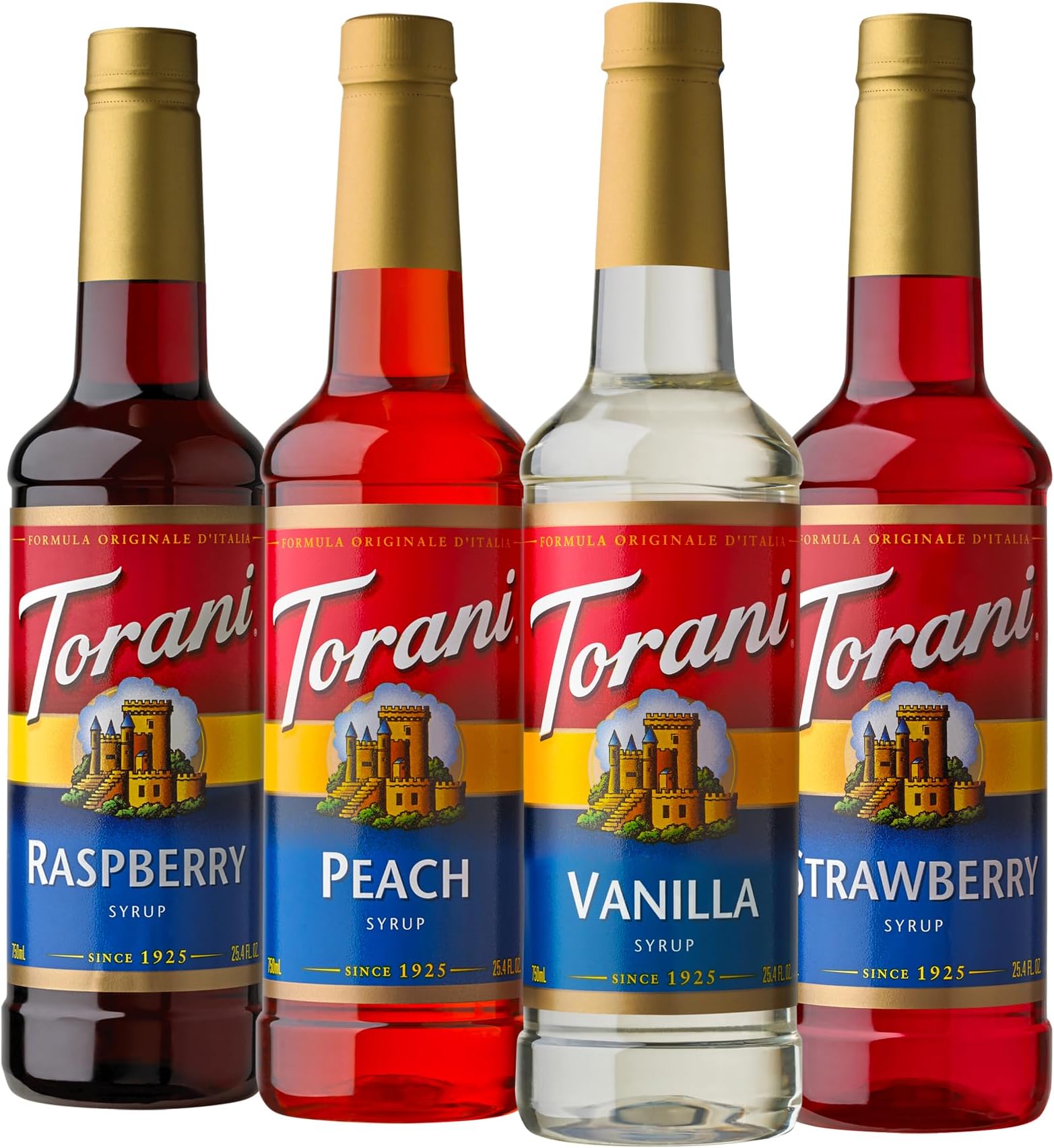Flavored Drink Syrup Soda Shop Variety Pack, Raspberry, Peach, Vanilla & Strawberry, 25.4 fl oz (Set of 4)