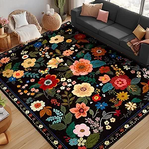 Floral 9x12 Area Rug Machine Washable Soft Print Boho Carpet Non Slip Doormat Low Pile Flower Area Rugs for Living Room Bedroom Nursery Kitchen Dining Room Indoor-Black