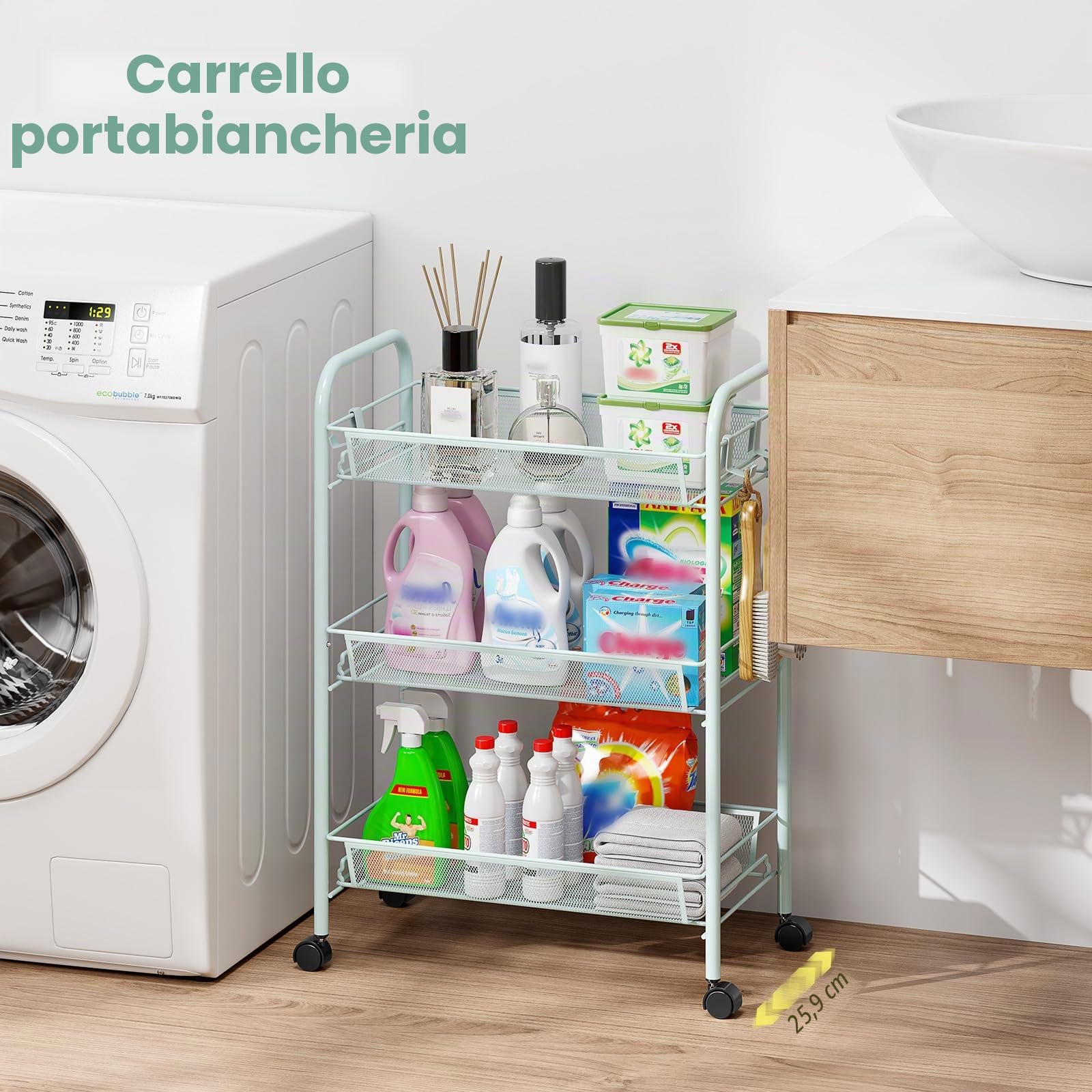 Urackify Carrello multifunzione portatile da cucina a 3 ripiani, per bagno, cucina e lavanderia. Metallo antiruggine, cestino a rete traspirante e gancio laterale inclusi. Facile da montare,verde