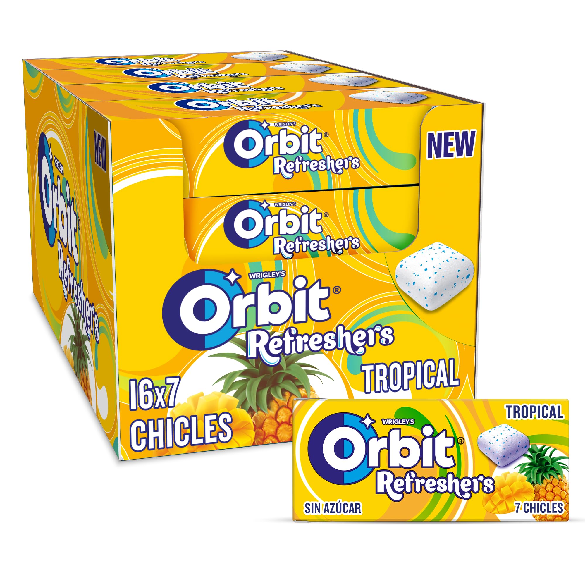Orbit Refreshers Chicles Sin Azúcar Sabor Tropical en formato gragea Handypack, 16x7uds