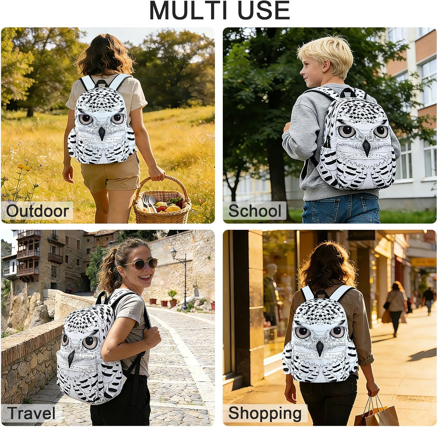 White Owl School Backpack for Girls Boys Teens Bookbag 17 Inch Laptop Backpack for Sports Travel Camping