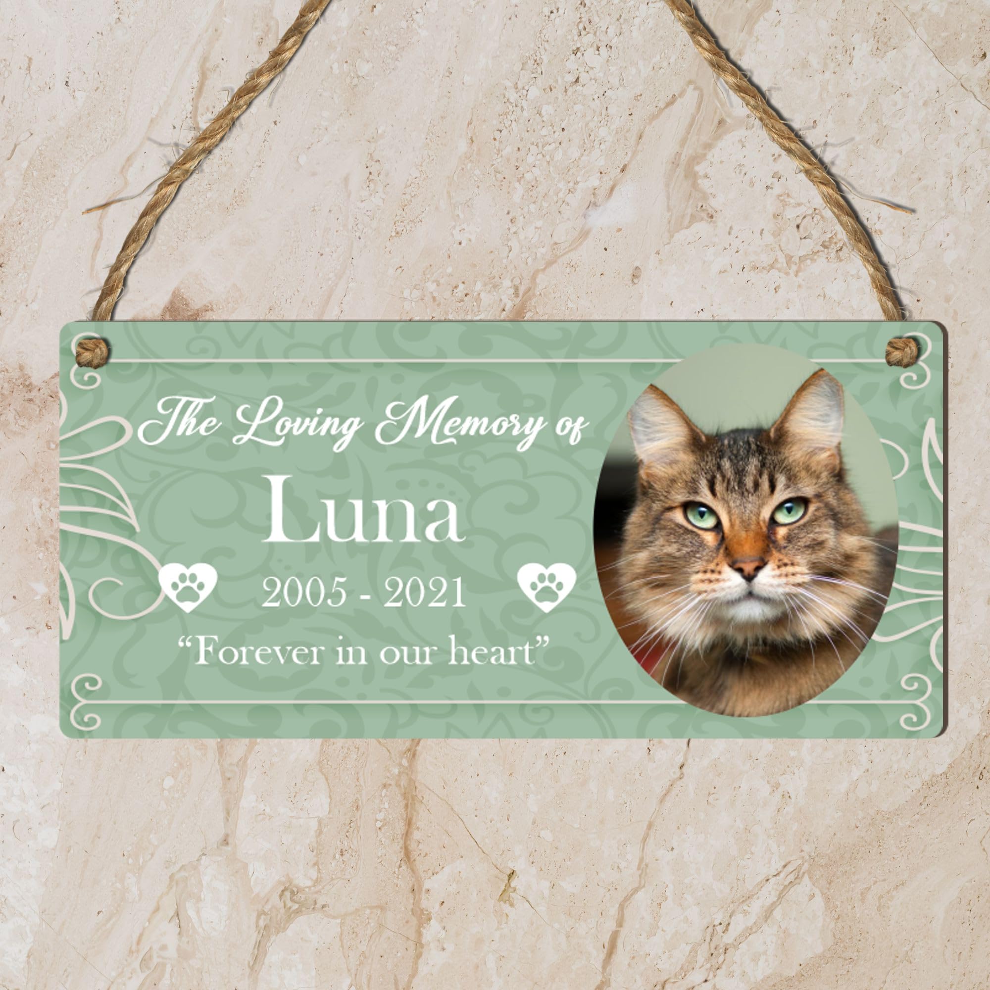 Personalised Pet Photo Plaque - 'The Loving Memory of...' Memorial Hanging Sign, Perfect for Dogs, Cats, Horses, Rabbits & More (Mdf Wood Indoor Use Only 19cm x 9cm, Green)