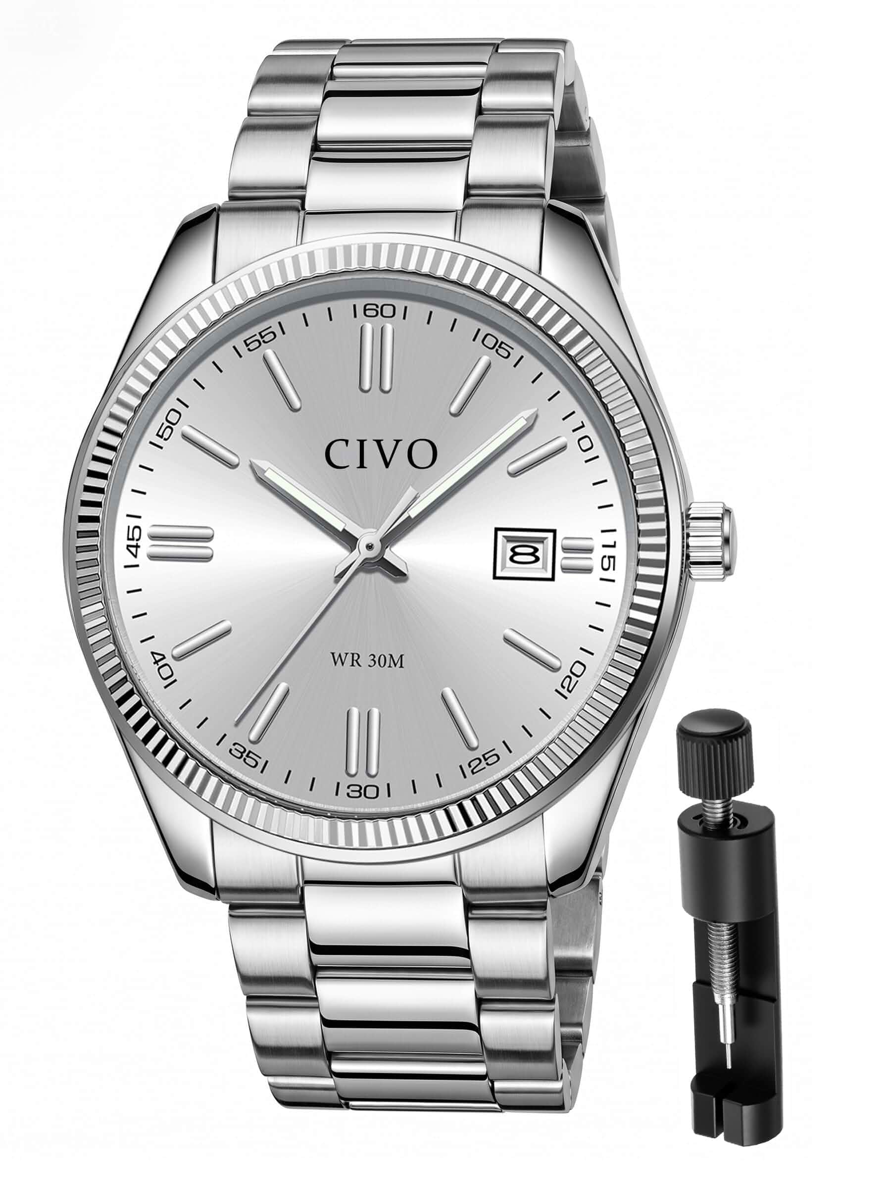 CIVO Analog Mens Watches Silver: Wrist Watches with Date Easy to Read Dress Stainless Steel Watch for Men, Gifts for Husband Father at Birthday Anniversary