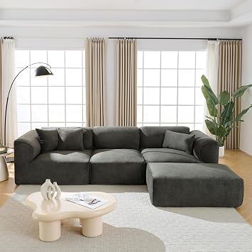 122" Oversized L-Shape Sectional Modular Couch with Ottoman, Comfy Velvet Modern Deep Seat Couches for Living Room, Compressed Sofa in a Box, High Density Foam, No Assembly Required Grayish Green