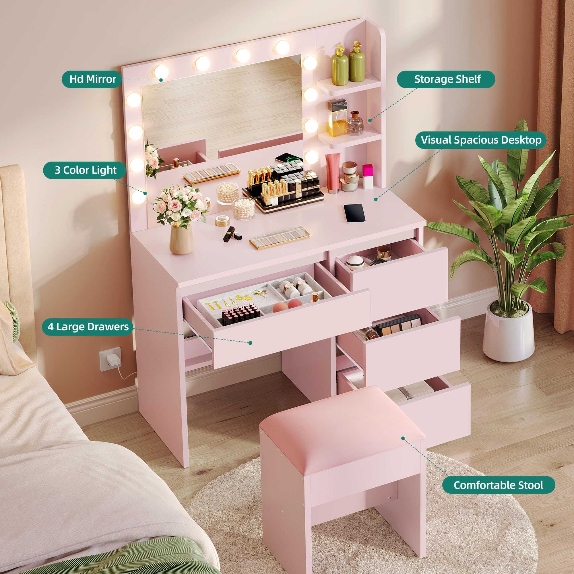 YITAHOME Schminktisch mit Beleuchtung, Dressing Table mit Spiegel Schminktische mit Hocker 3 Farben mit Einstellbarer Helligkeit, Frisiertisch mit 4 Schubladen Offenen Fächern Vanity Table Rosa
