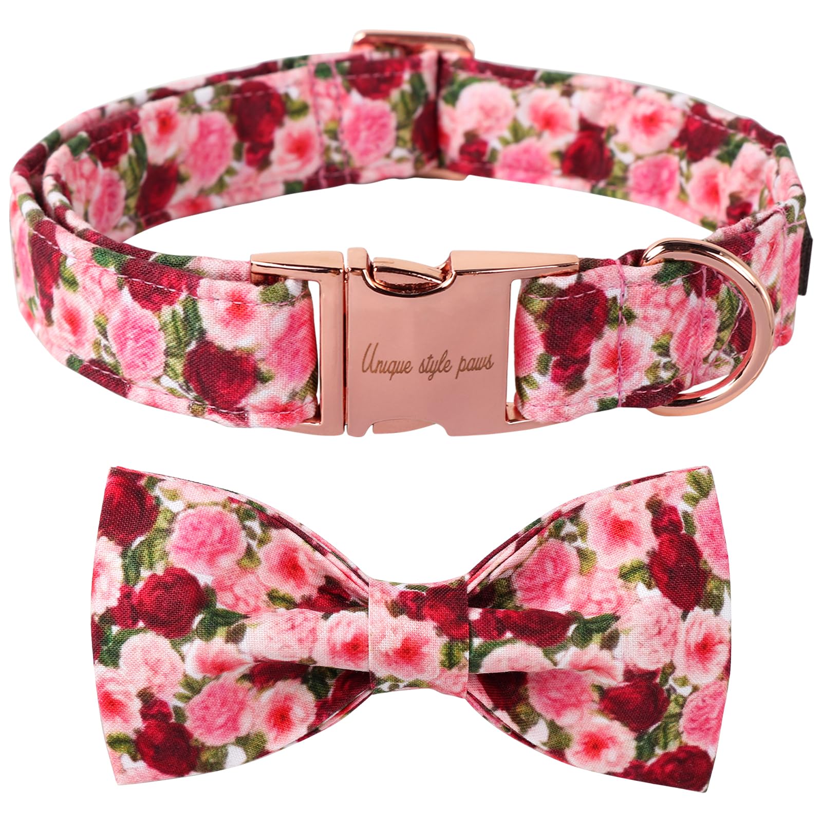 Unique style paws Hundehalsband, Rot Rosa Pfingstrose Hundehalsband, Einstellbare Bequeme Baumwolle Fliege Halsband für Jungen Mädchen Hunde, Fliege Halsband mit Metallschnalle, L, Hals 16-24in