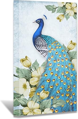 Miniatura 59 de Looife Lienzo decorativo para pared de pavo real, 16 x 32 pulgadas, pájaros verde azulado con flores, decoración de pared para decoración de DW148