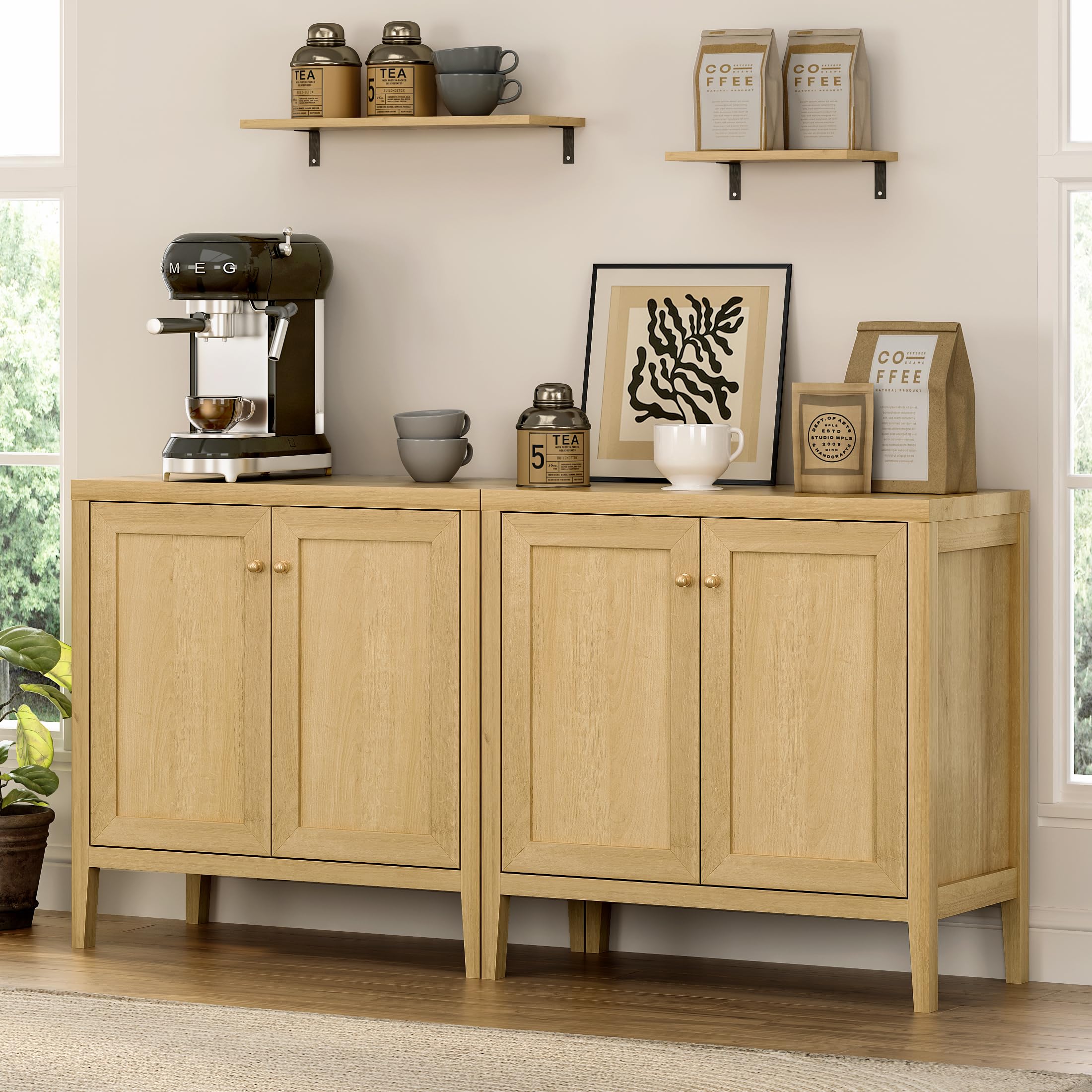 EYYTHUNG Farmhouse Buffet Cabinets Set of 2, Sideboard Storage Cabinet with Adjusable Shelve, Accent Cabinet Credenza, Kitchen Coffee Bar Console