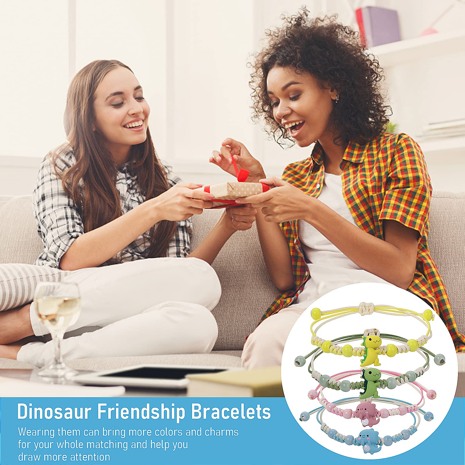 4 sztuki bransoletek z kreskówkowymi dinozaurami dla dziewcząt, kolorowy sznurek szczęścia, plecione bransoletki z żywicy z dinozaurami, bransoletka przyjaźni, biżuteria dobra dla dzieci, dziewcząt