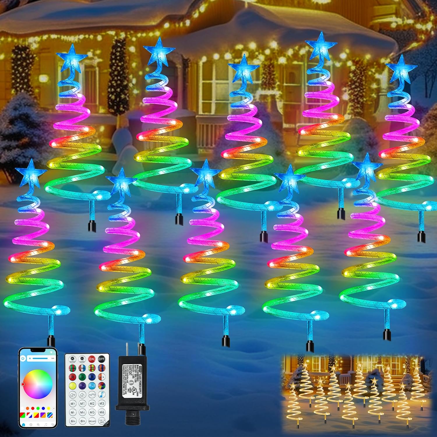 10Pack Smart Christmas Pathway Lights Outdoor with RGBW DIY Modes, APP Control Spiral Christmas Tree with Music Sync Group Control, 100+ Scene Modes Waterproof Outside Christmas Yard Decorations