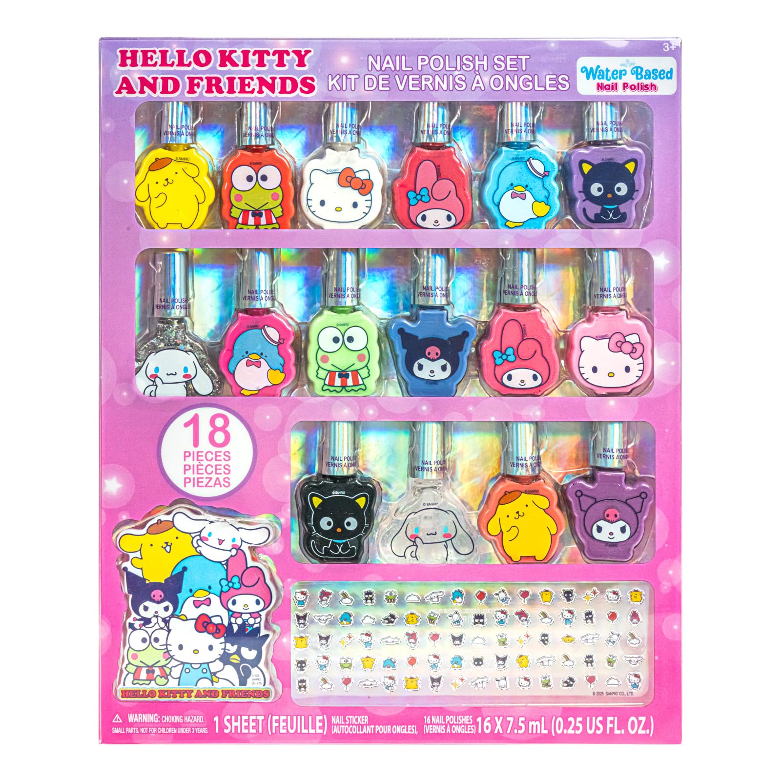 Hello Kitty Nail Polish Set, 16-Piece Peel-Off with Nail Accessories