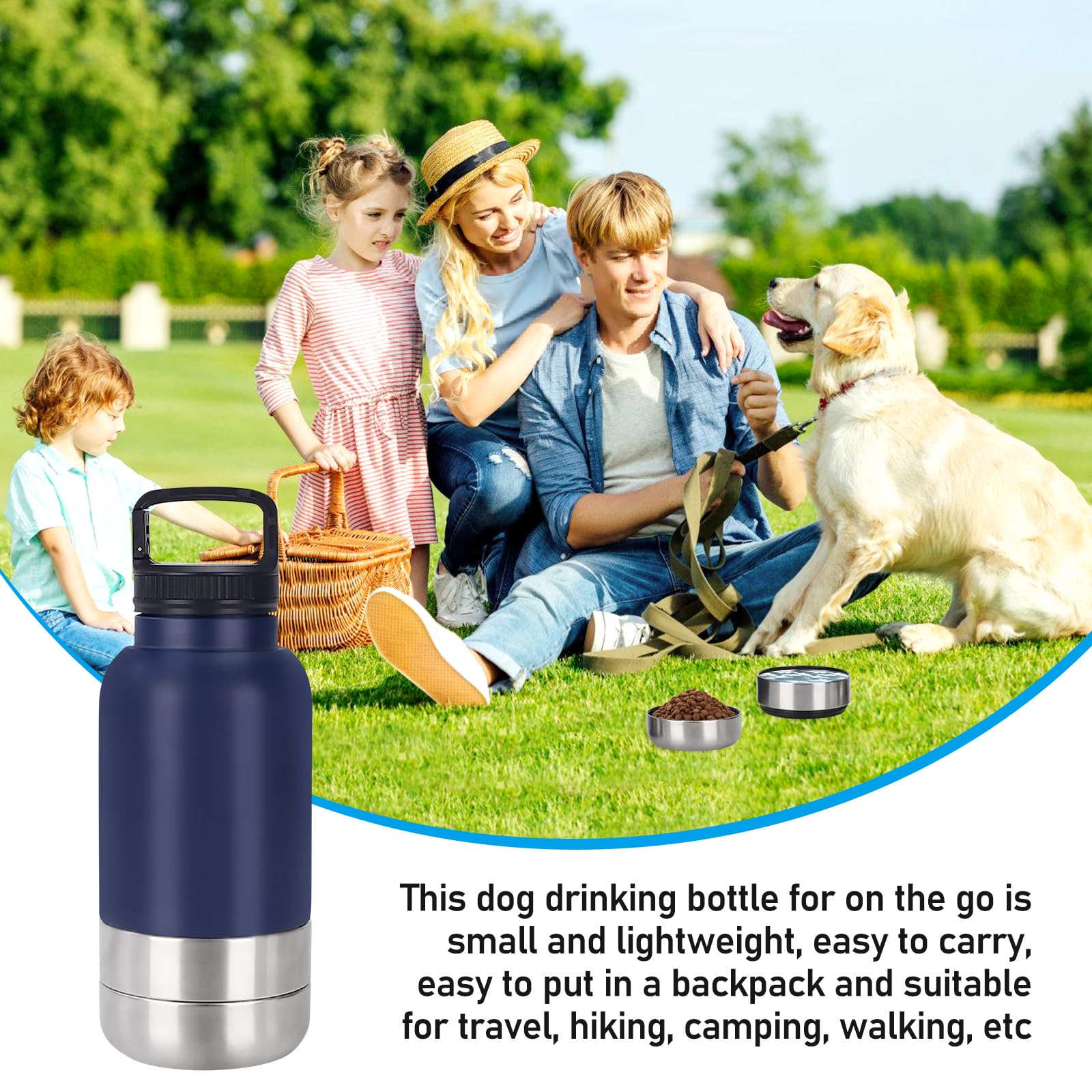 Borraccia per cani da viaggio, 1000 ml, per cani, in viaggio, per cani, in acciaio inox, con ciotola per l'acqua e ciotola, accessorio per cani per passeggiate, senza BPA
